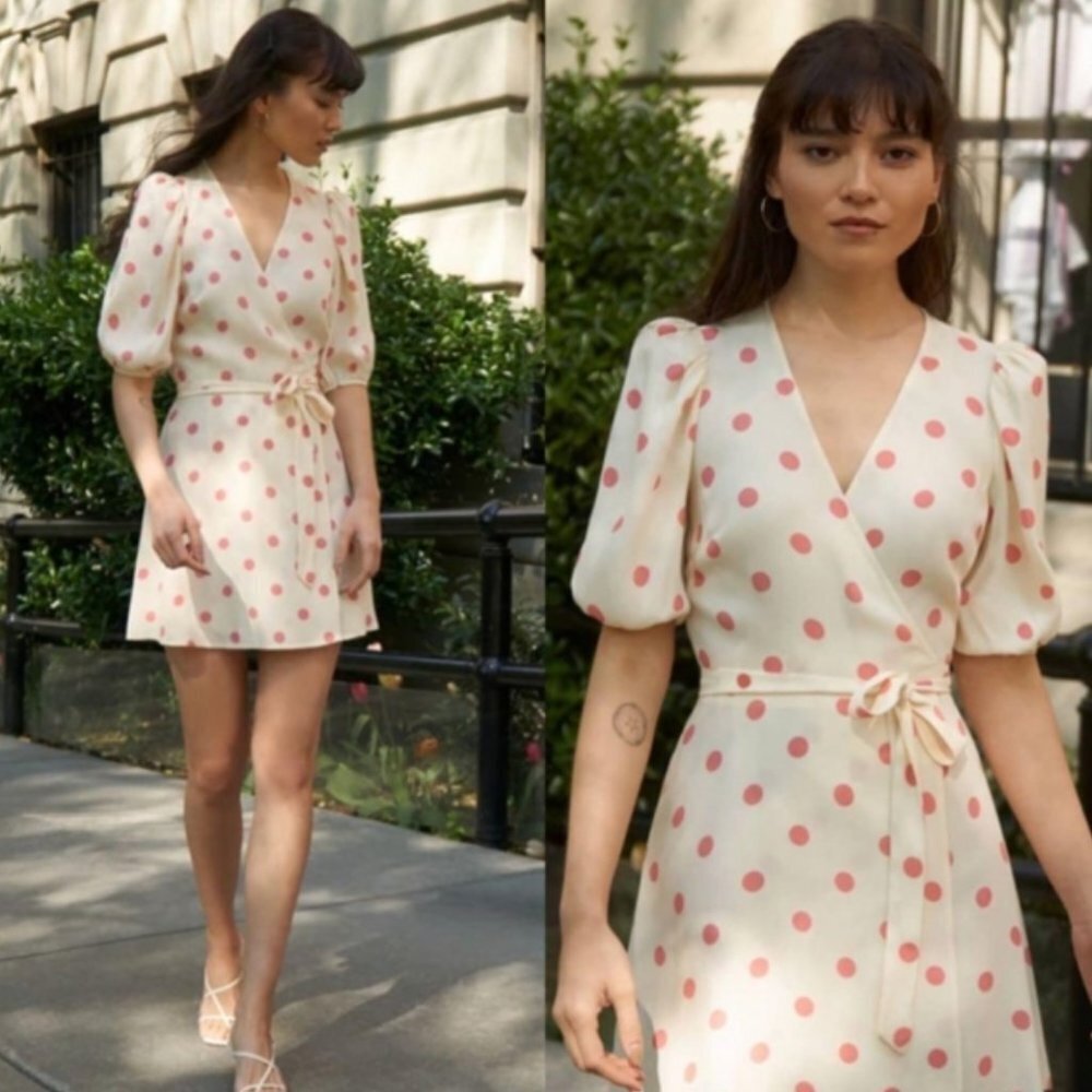 Reformation White Mini Wrap Dress with Pink Polka Dots